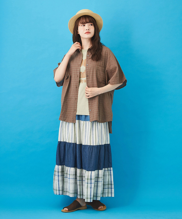 日本品牌 直條格紋牛仔棉麻裙 兩色 size
