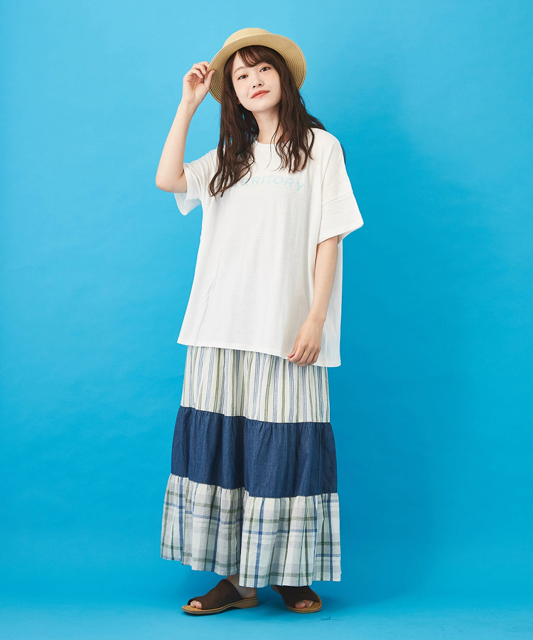 日本品牌 直條格紋牛仔棉麻裙 兩色 size