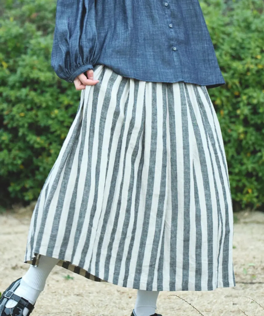 日本品牌 先染亞麻條紋長裙