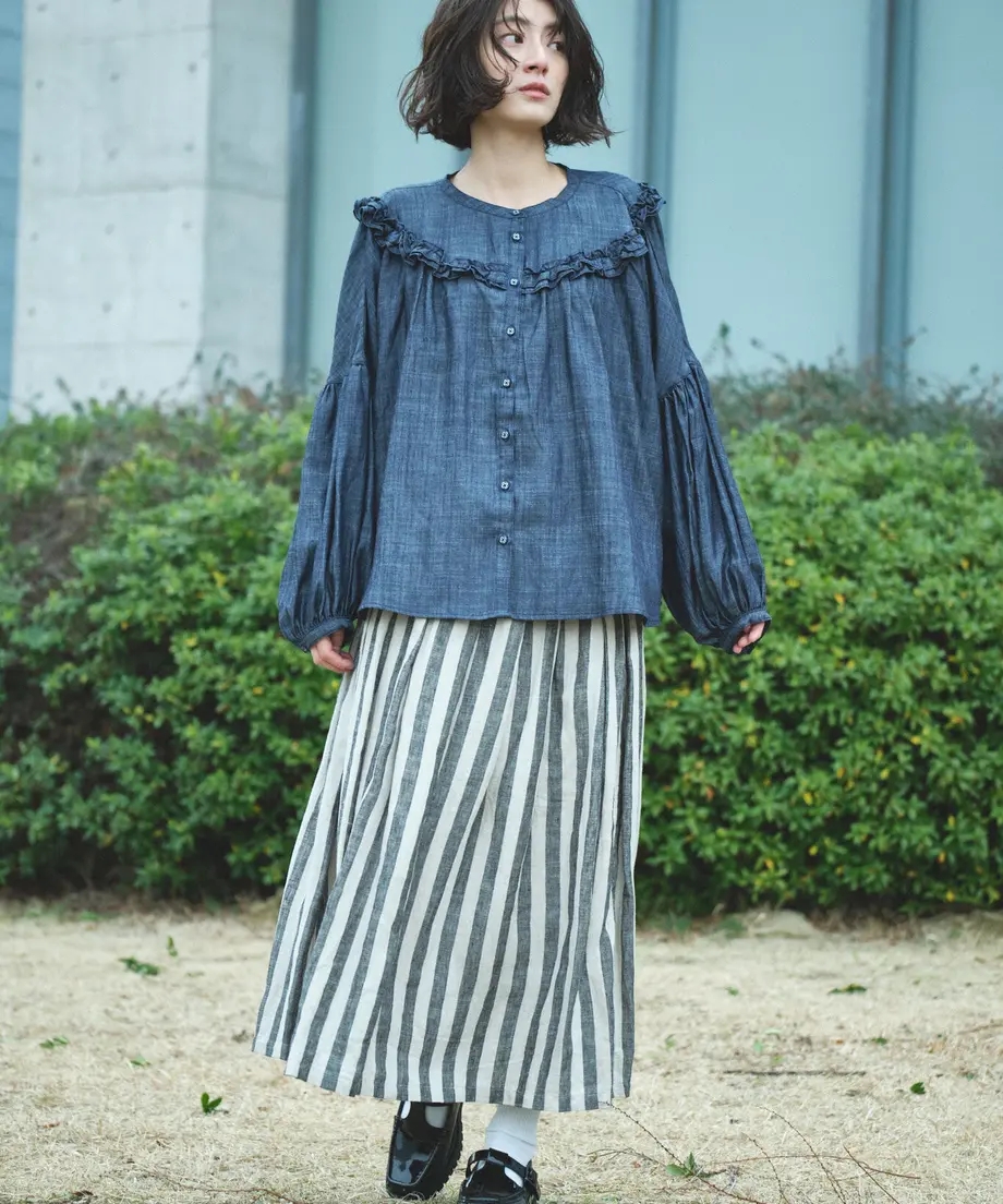 日本品牌 先染亞麻條紋長裙