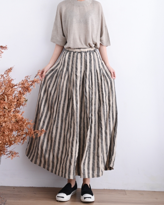 日本品牌 先染亞麻條紋長裙