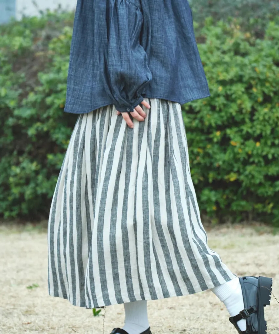 日本品牌 先染亞麻條紋長裙