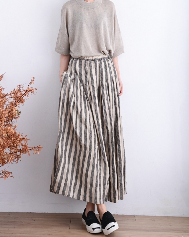 日本品牌 先染亞麻條紋長裙