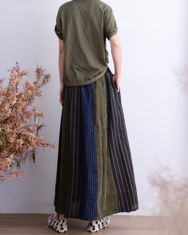 日本品牌 直條紋拚色長裙