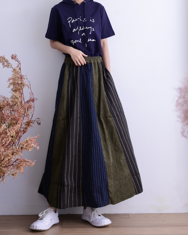 日本品牌 直條紋拚色長裙