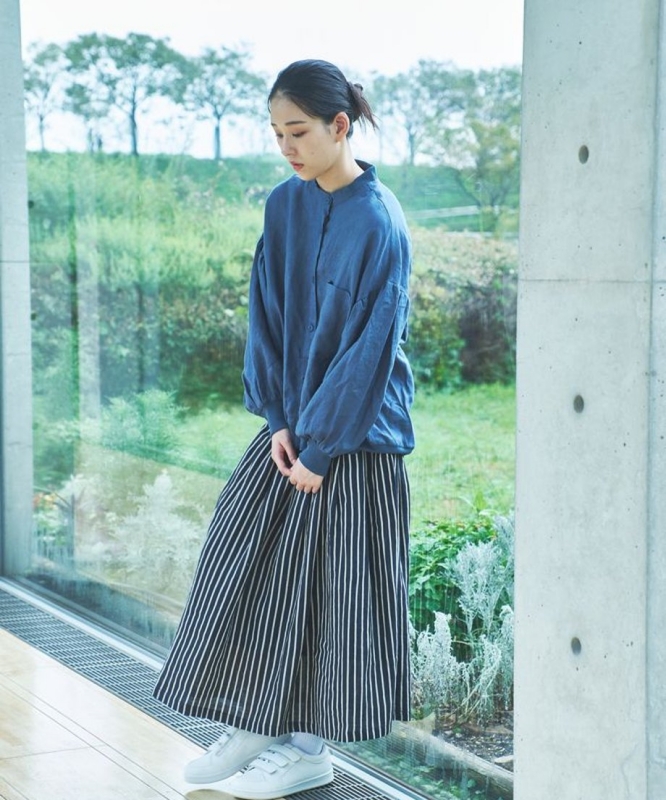 日本品牌 抓褶條紋長裙 2色