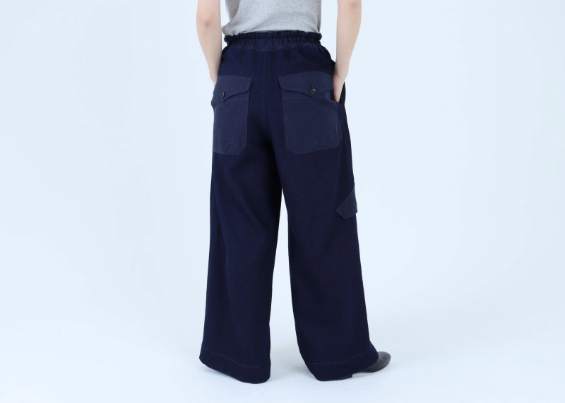 日本奶奶家 棉藍染xCOTTON KERSEY梭織牛仔工作寬褲