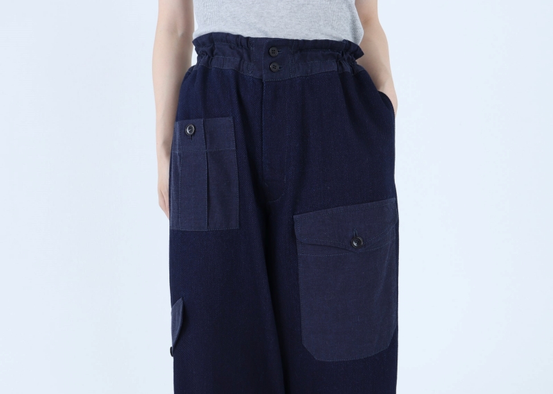 日本奶奶家 棉藍染xCOTTON KERSEY梭織牛仔工作寬褲
