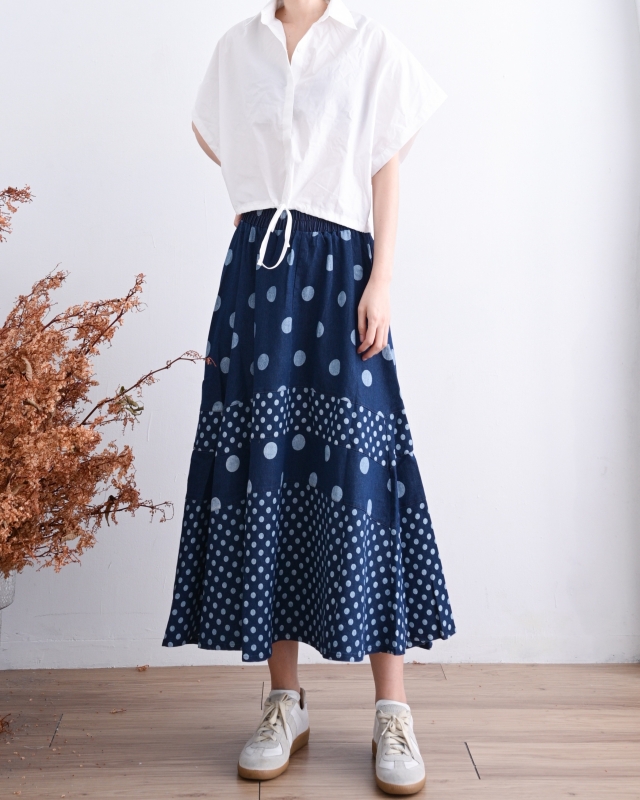 日本品牌 波浪點點印花牛仔長裙