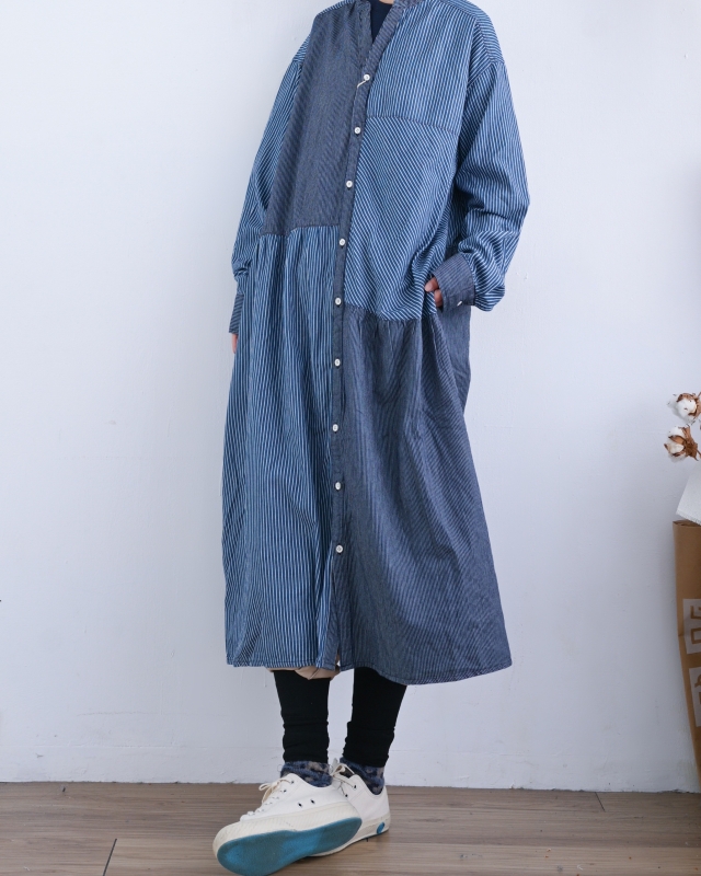 日本品牌 細條紋拼接牛仔襯衫洋