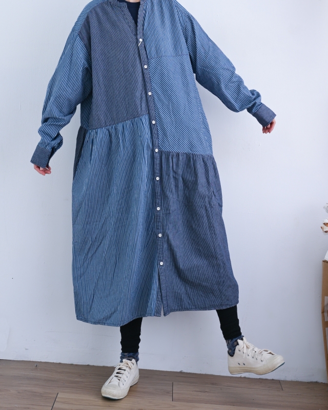 日本品牌 細條紋拼接牛仔襯衫洋