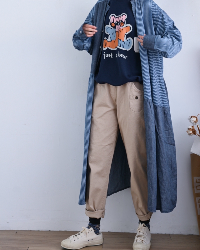 日本品牌 細條紋拼接牛仔襯衫洋