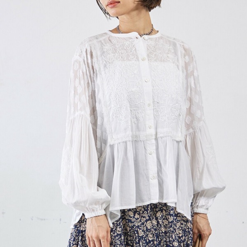 日本品牌 復古刺繡蓬鬆提花襯衫 2色