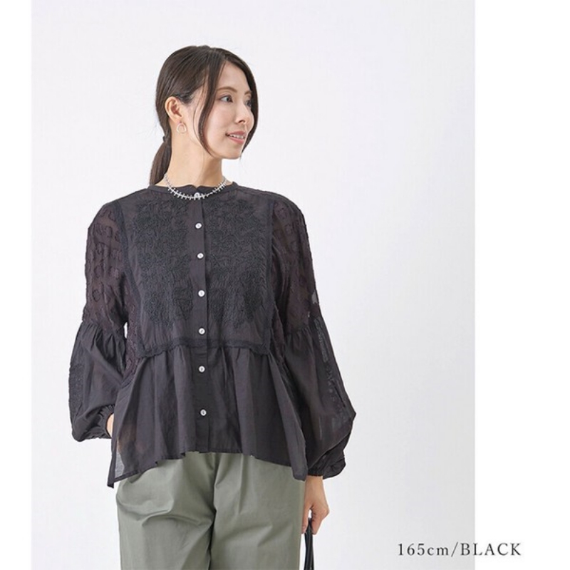 日本品牌 復古刺繡蓬鬆提花襯衫 2色