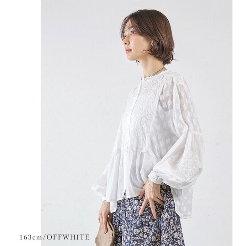 日本品牌 復古刺繡蓬鬆提花襯衫 2色