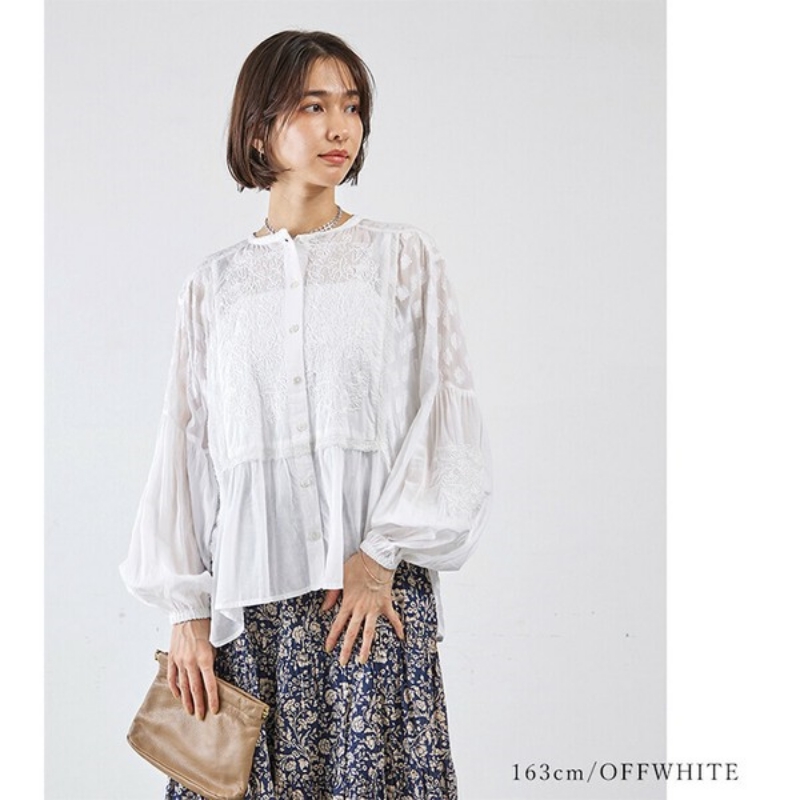 日本品牌 復古刺繡蓬鬆提花襯衫 2色