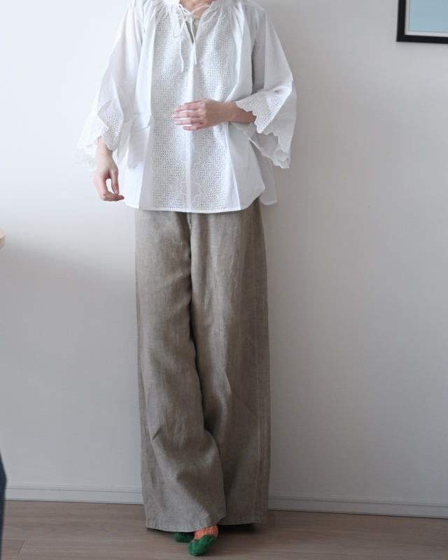 日本品牌 扇貝邊鏤空刺繡蓬蓬襯衫