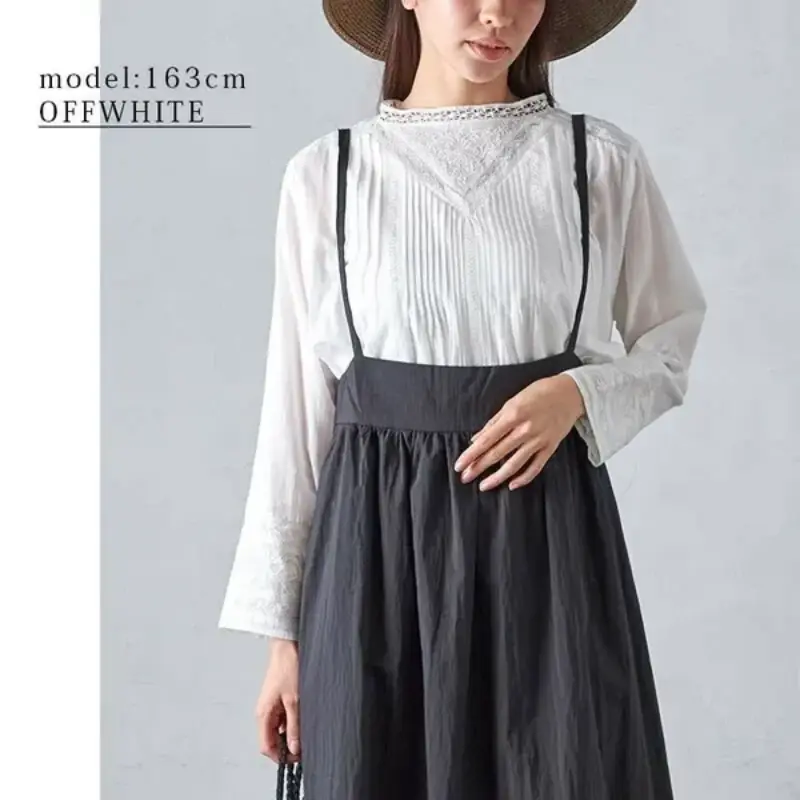 日本品牌 復古刺繡蕾絲褶襉襯衫