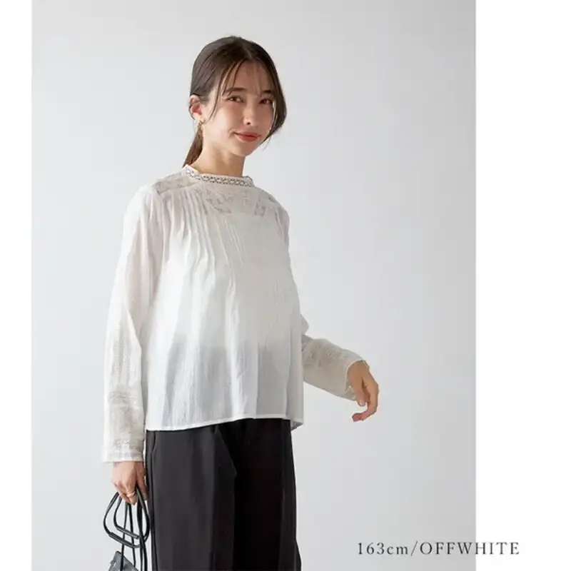 日本品牌 復古刺繡蕾絲褶襉襯衫