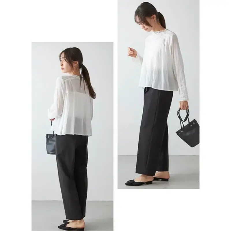 日本品牌 復古刺繡蕾絲褶襉襯衫