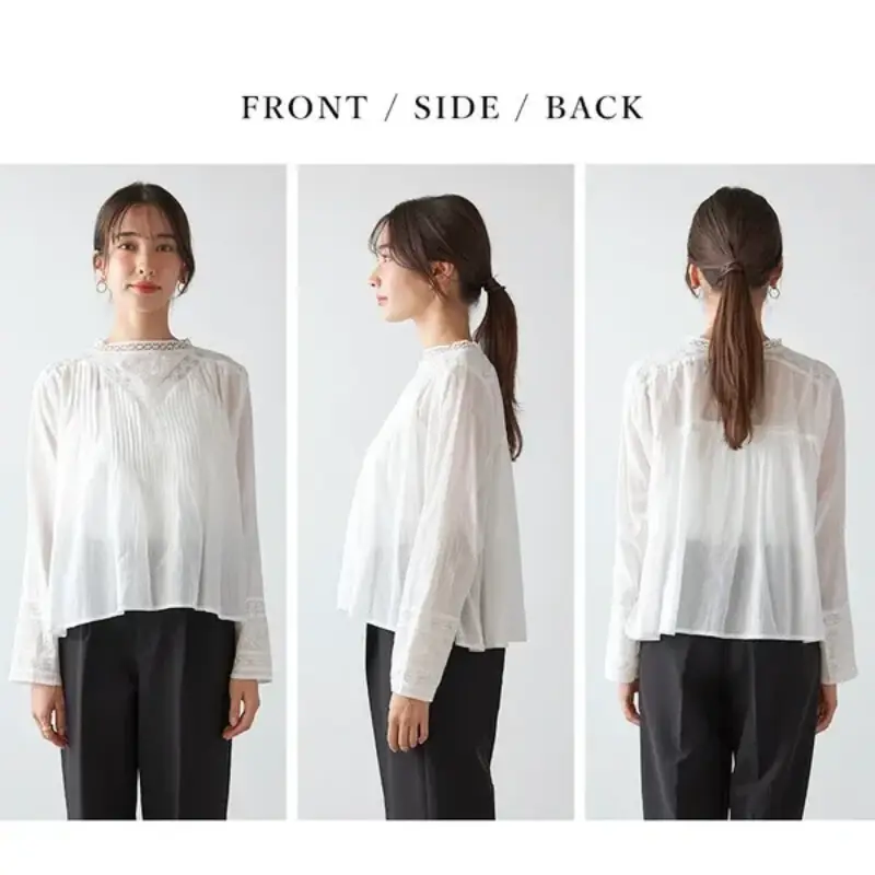 日本品牌 復古刺繡蕾絲褶襉襯衫
