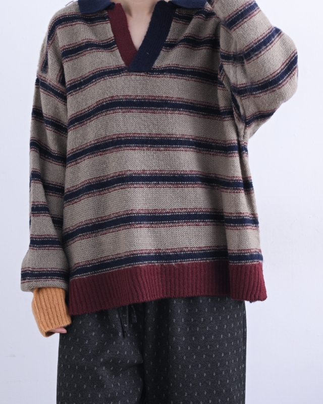 日本品牌 配色領條紋針織上衣