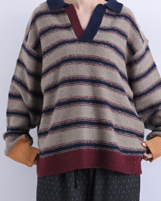 日本品牌 配色領條紋針織上衣