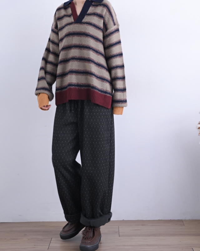 日本品牌 配色領條紋針織上衣