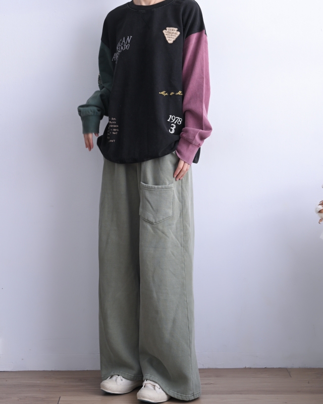 日本品牌 內刷毛刺繡貼布拼色大學T