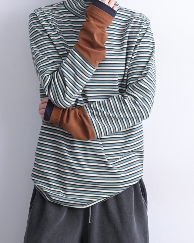 日本品牌 細條紋拼接高領內搭上衣 3色