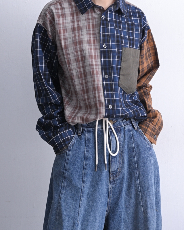 日本品牌 瘋狂拚格紋口袋襯衫