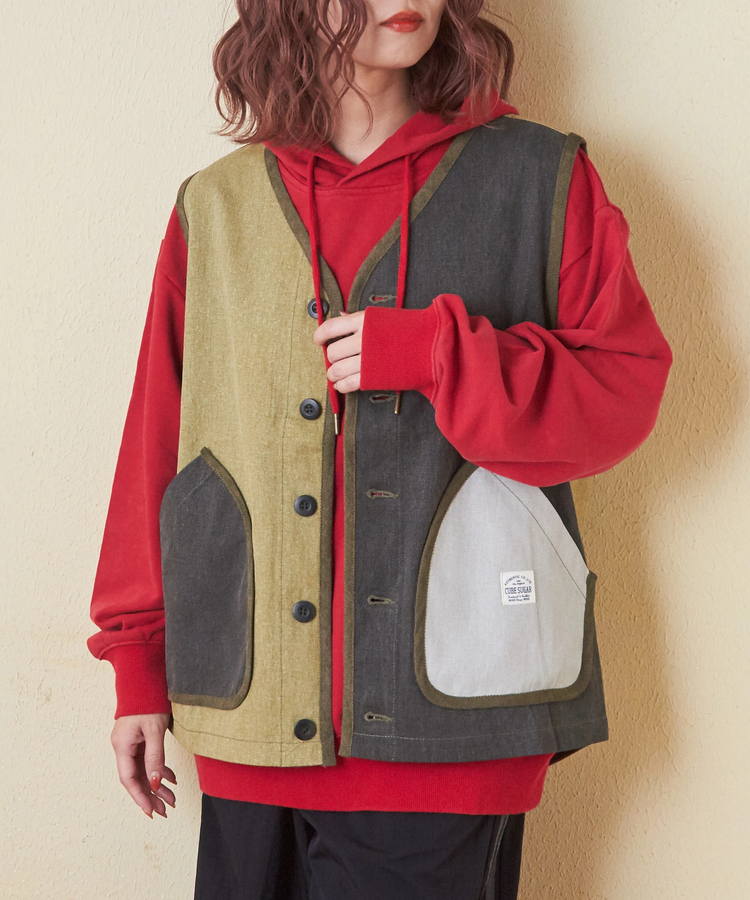 日本品牌 不規則紗斜紋V領背心