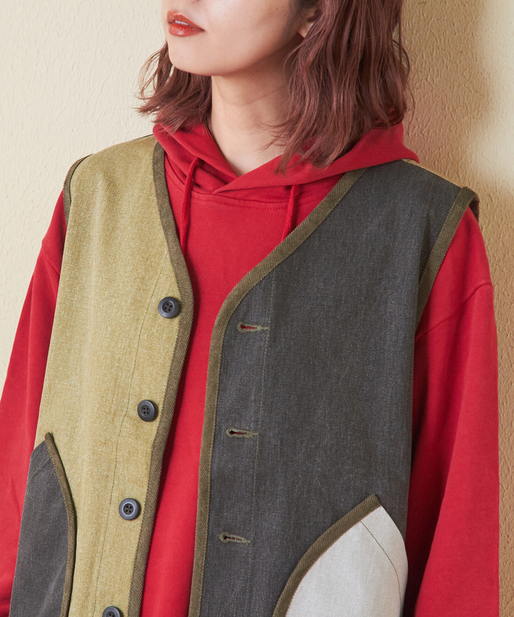 日本品牌 不規則紗斜紋V領背心