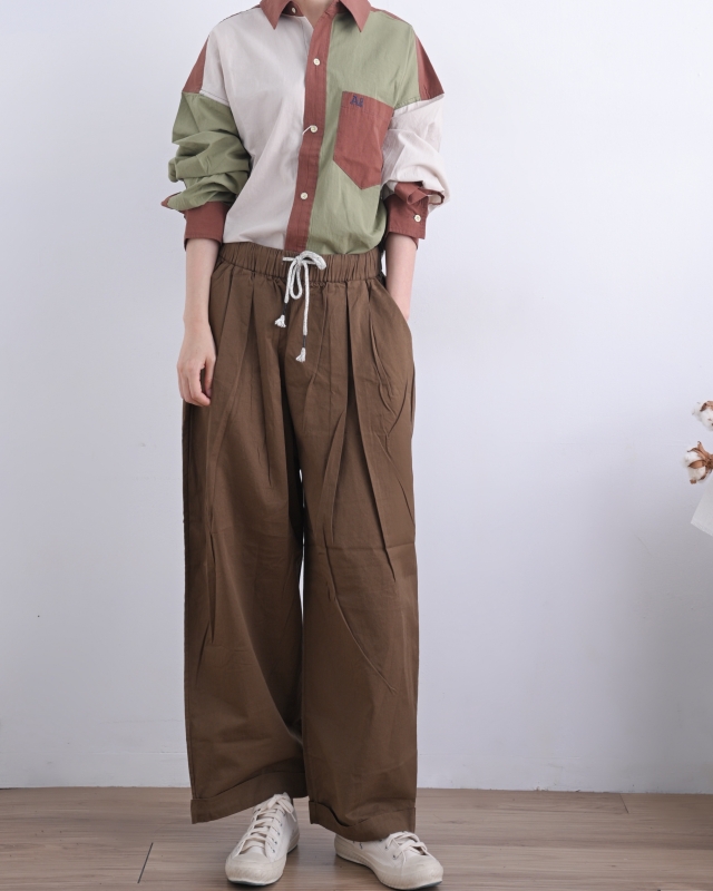 日本品牌 腰抽繩打摺寬褲 2色