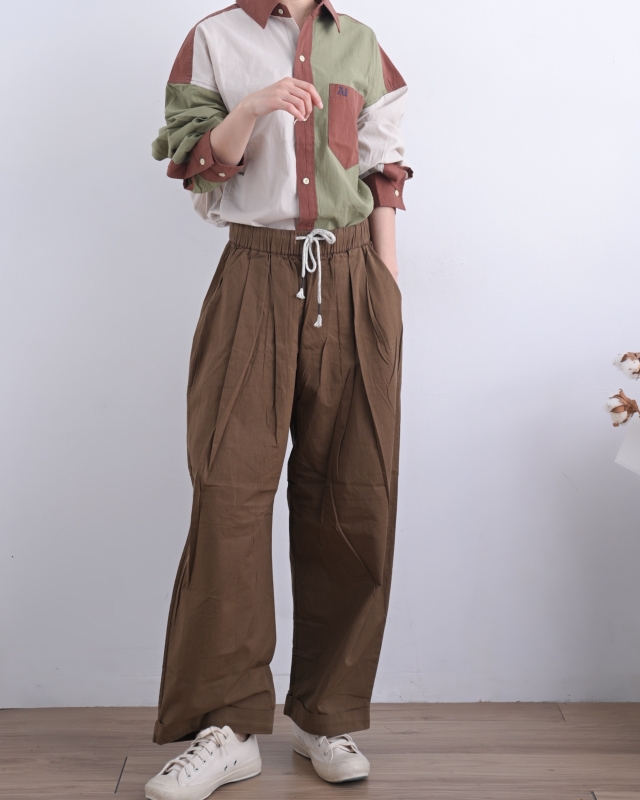 日本品牌 腰抽繩打摺寬褲 2色