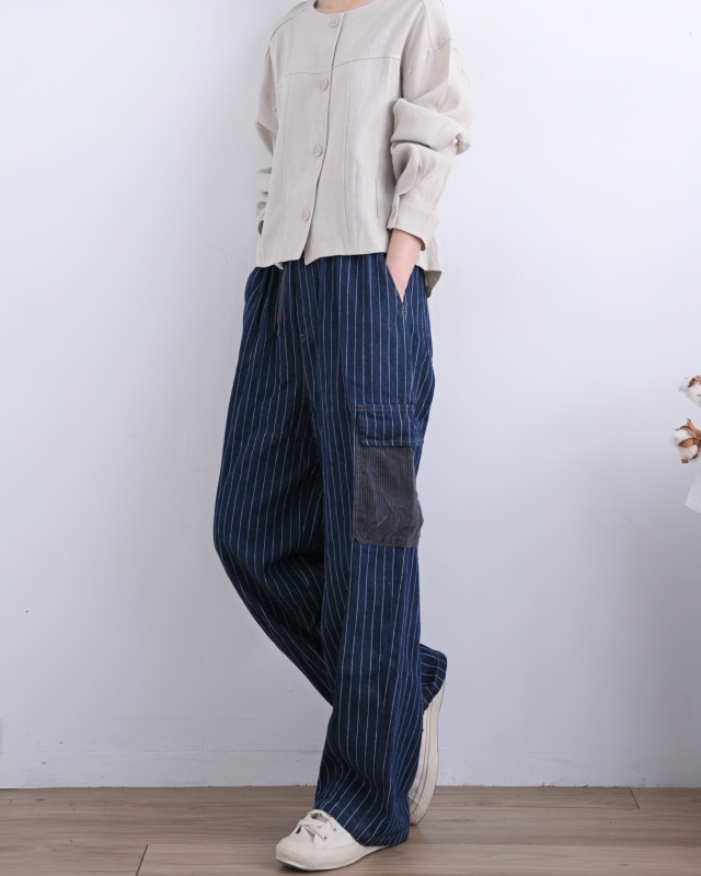 日本品牌 側口袋拚條紋長褲