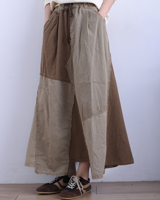 日本品牌 硫化染斜紋x迷你人字紋拼接長裙 2色