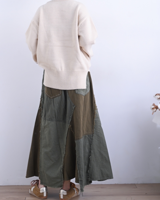 日本品牌 硫化染斜紋x迷你人字紋拼接長裙 2色