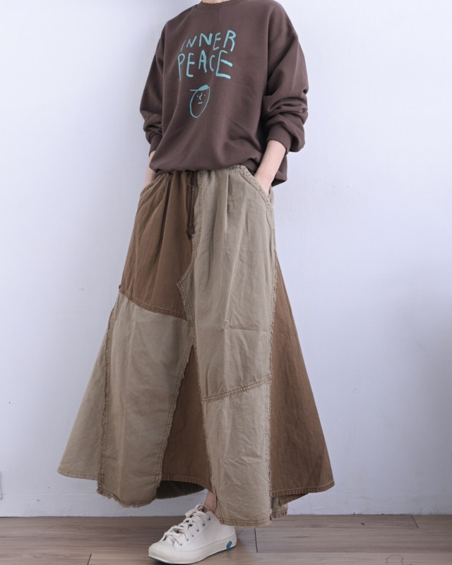 日本品牌 硫化染斜紋x迷你人字紋拼接長裙 2色