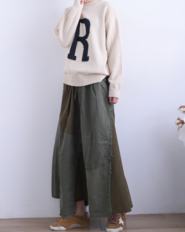 日本品牌 硫化染斜紋x迷你人字紋拼接長裙 2色