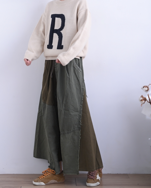 日本品牌 硫化染斜紋x迷你人字紋拼接長裙 2色