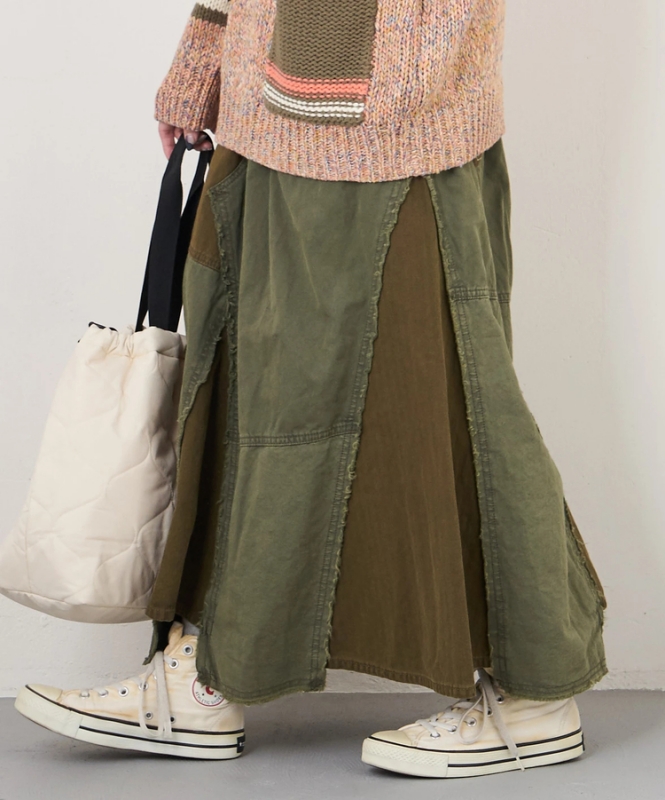 日本品牌 硫化染斜紋x迷你人字紋拼接長裙 2色