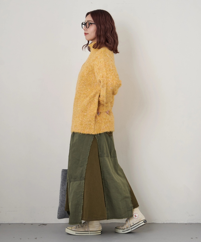 日本品牌 硫化染斜紋x迷你人字紋拼接長裙 2色