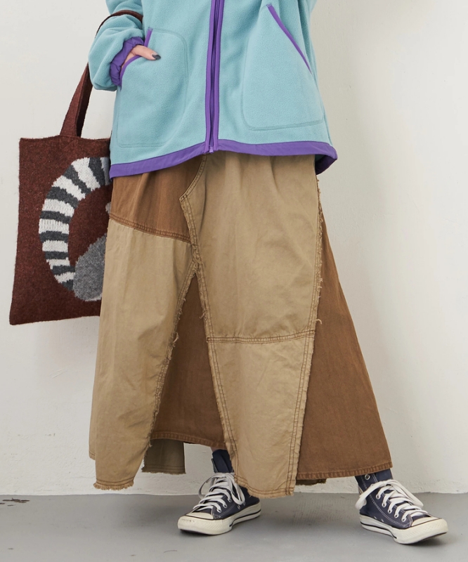 日本品牌 硫化染斜紋x迷你人字紋拼接長裙 2色