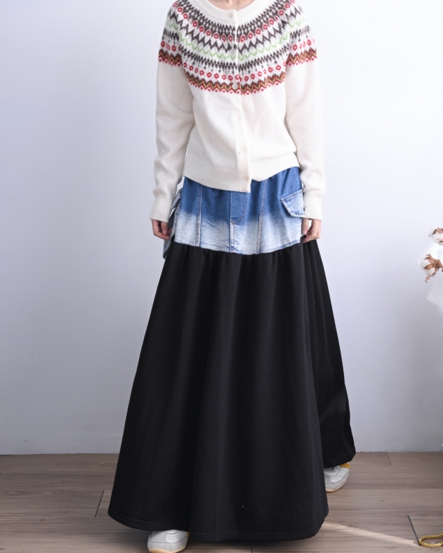 日本品牌 牛仔拼接內刷毛長裙