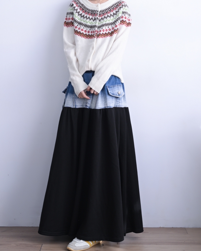 日本品牌 牛仔拼接內刷毛長裙