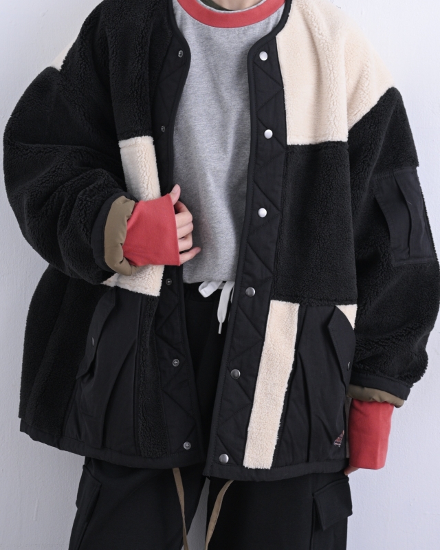 日本品牌 異素材小短毛拚色外套
