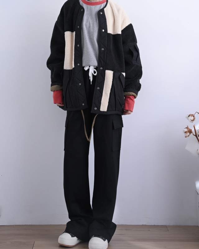 日本品牌 異素材小短毛拚色外套