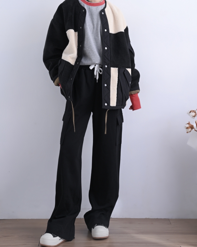 日本品牌 異素材小短毛拚色外套