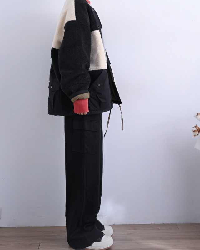 日本品牌 異素材小短毛拚色外套